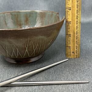Artist Made Ramen Bowl Chopstick Notch Green Brown Stoneware Noodle Soup 7" Diam